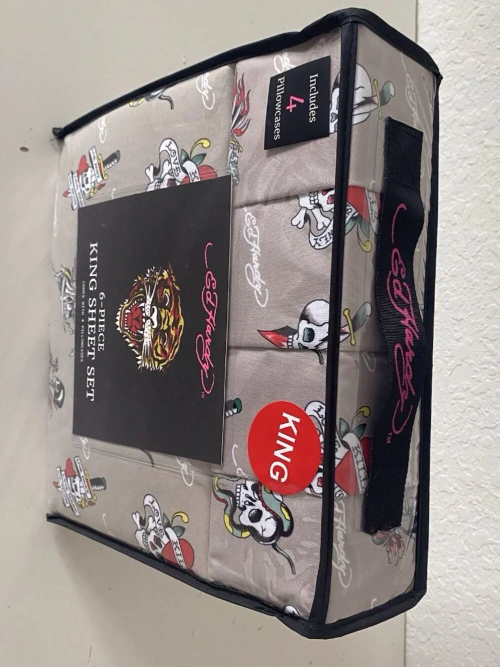 6 Piece Ed Hardy KING Size Sheet Set Logo Skulls Snake Hearts Roses Khaki NEW